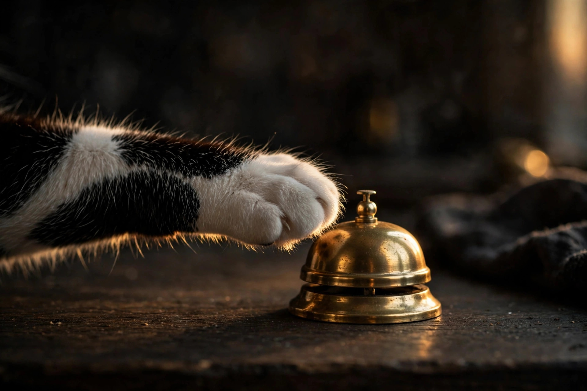 A tuxedo cat's paw about to ring a brass service bell